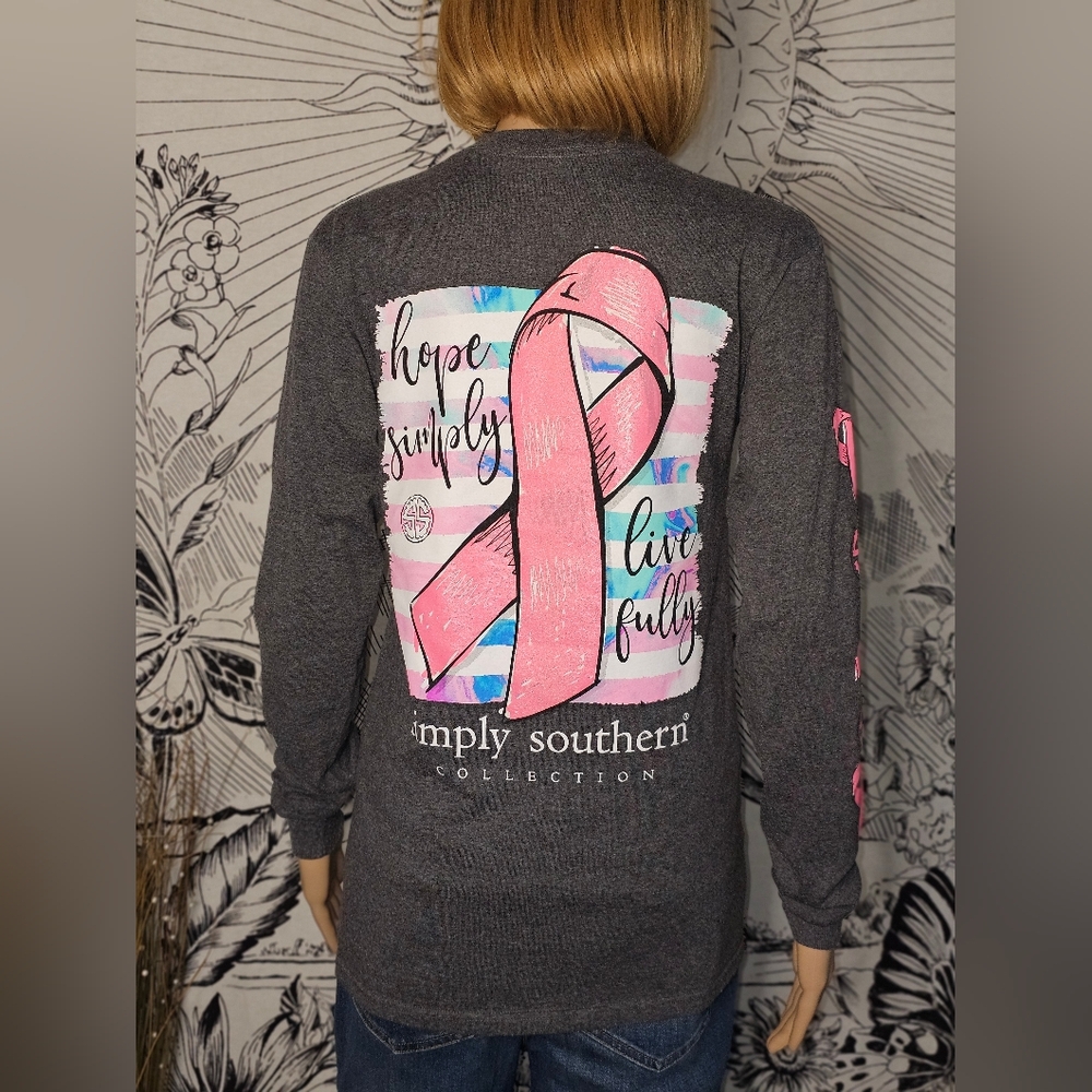 Simply Southern Women's XS Charcoal and Pink Ribbon Long Sleeve Tee